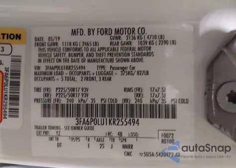 2019 Ford Fusion Hybrid Se из США, поврежденный, VIN 3FA6P0LU1KR255494